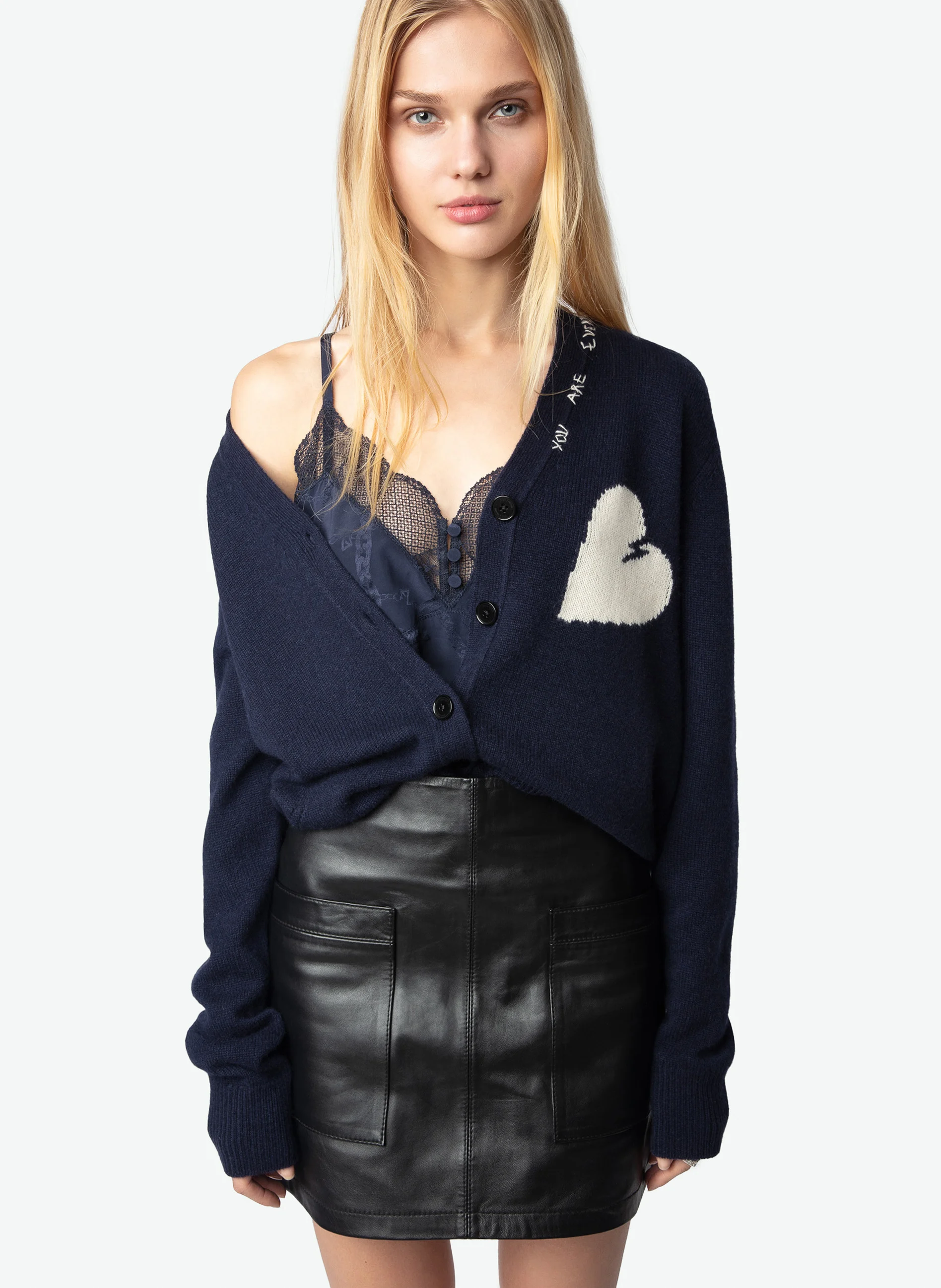 TRAVIA - Cardigan brodé en cachemire | Bleu