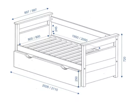 Lit banquette gigogne 80x200 cm bois massif blanc IZAO
