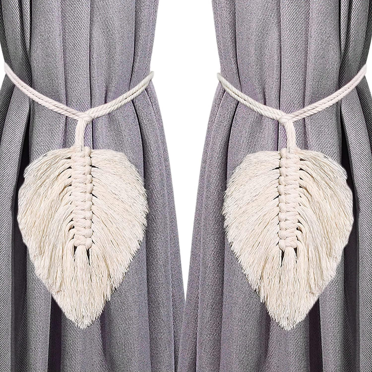 (2er Set) Makramee Vorhang Raffhalter Hygge Lifestyle Binder Gardinenhalter Geknüpfte Boho Deko - Weiss