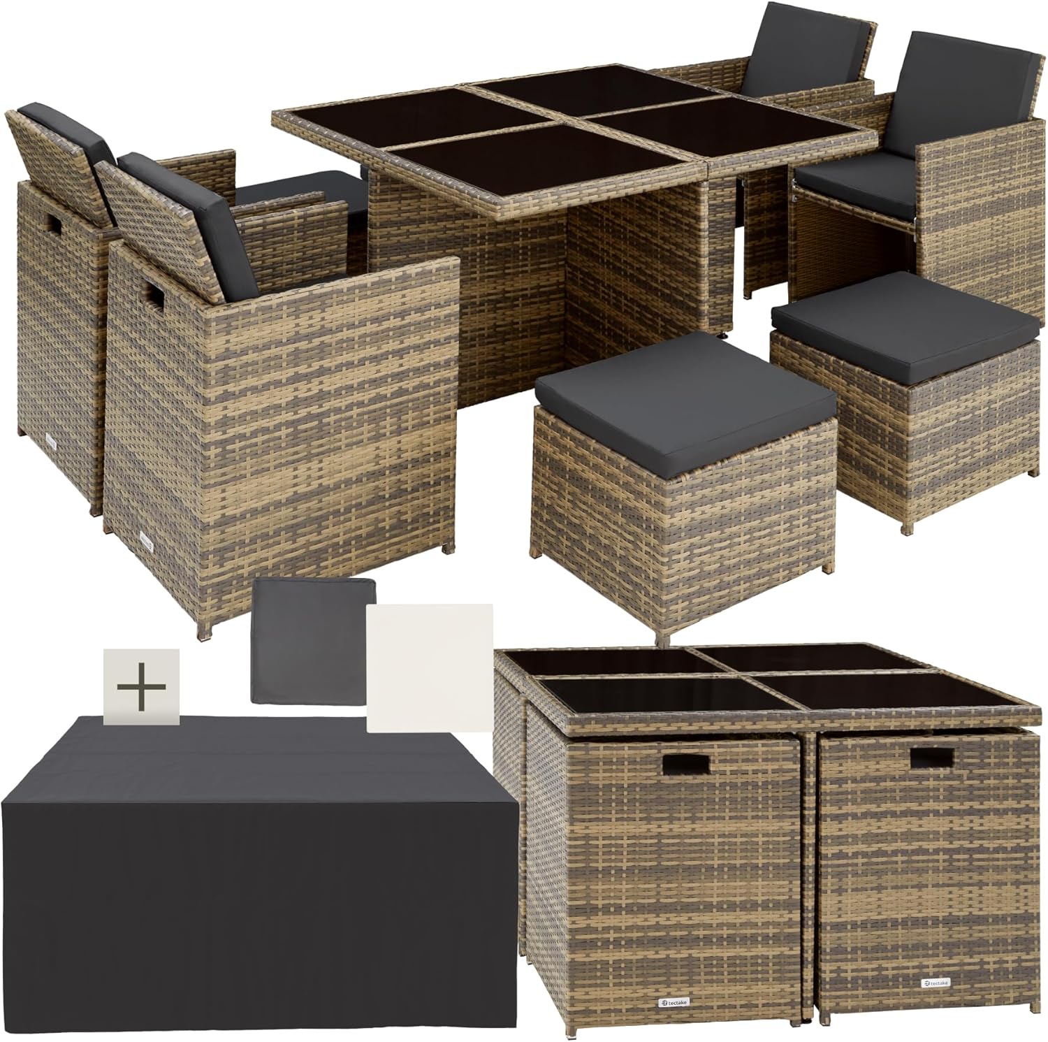 tectake® Lounge Möbel Set 4X Stühle, 4X Hocker, 1x Tisch, platzsparende Cube Aufbewahrung, Outdoor Rattan Gartenmöbel für Balkon, Garten und Terrasse, mit Abdeckung und Wechselbezügen - Natur