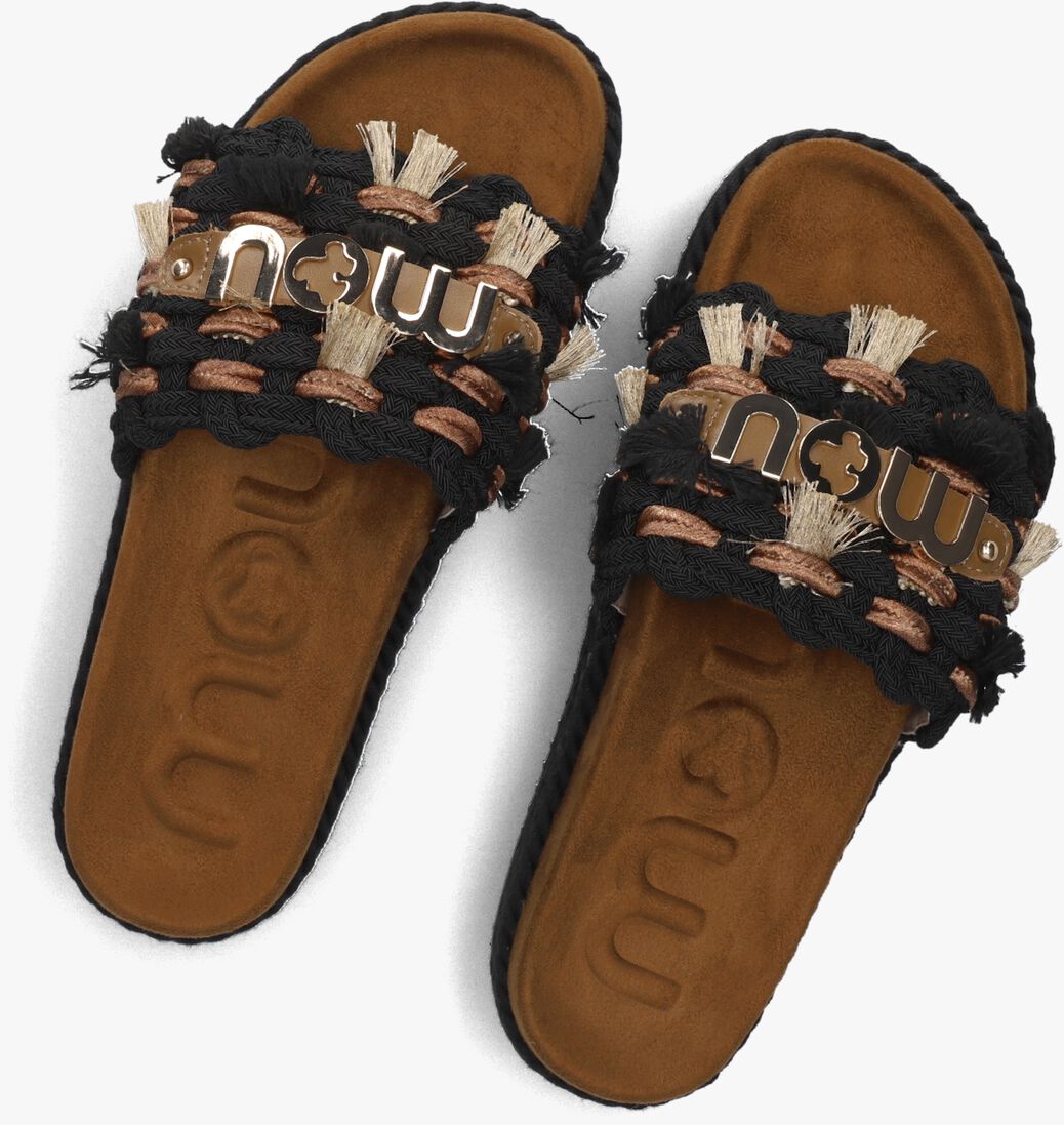 zwarte mou slippers monoband rope sandal fringes