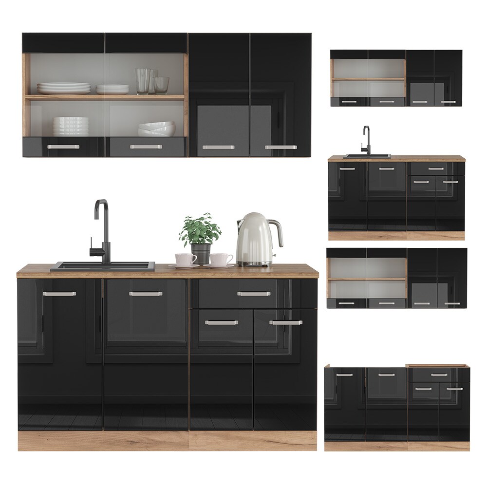 Vicco Küchenzeile R-Line Solid Eiche Schwarz 140 cm modern Küchenschränke Küchenmöbel