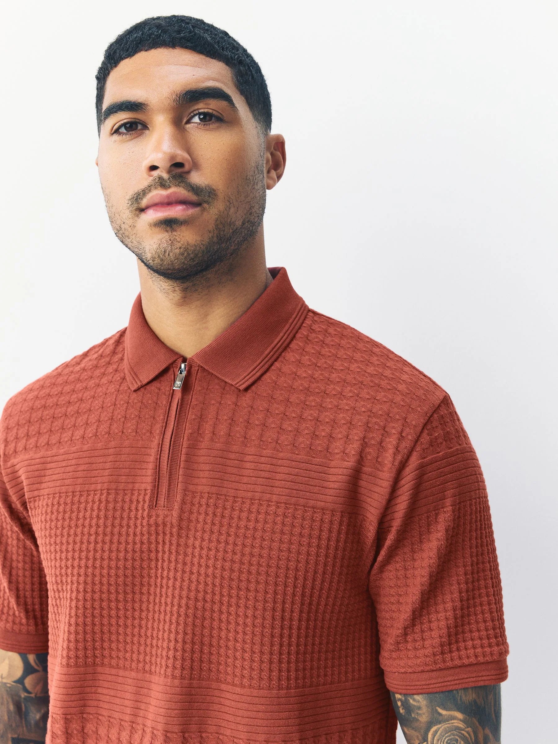 Roestrood - Normale Pasvorm - Net jacquard poloshirt