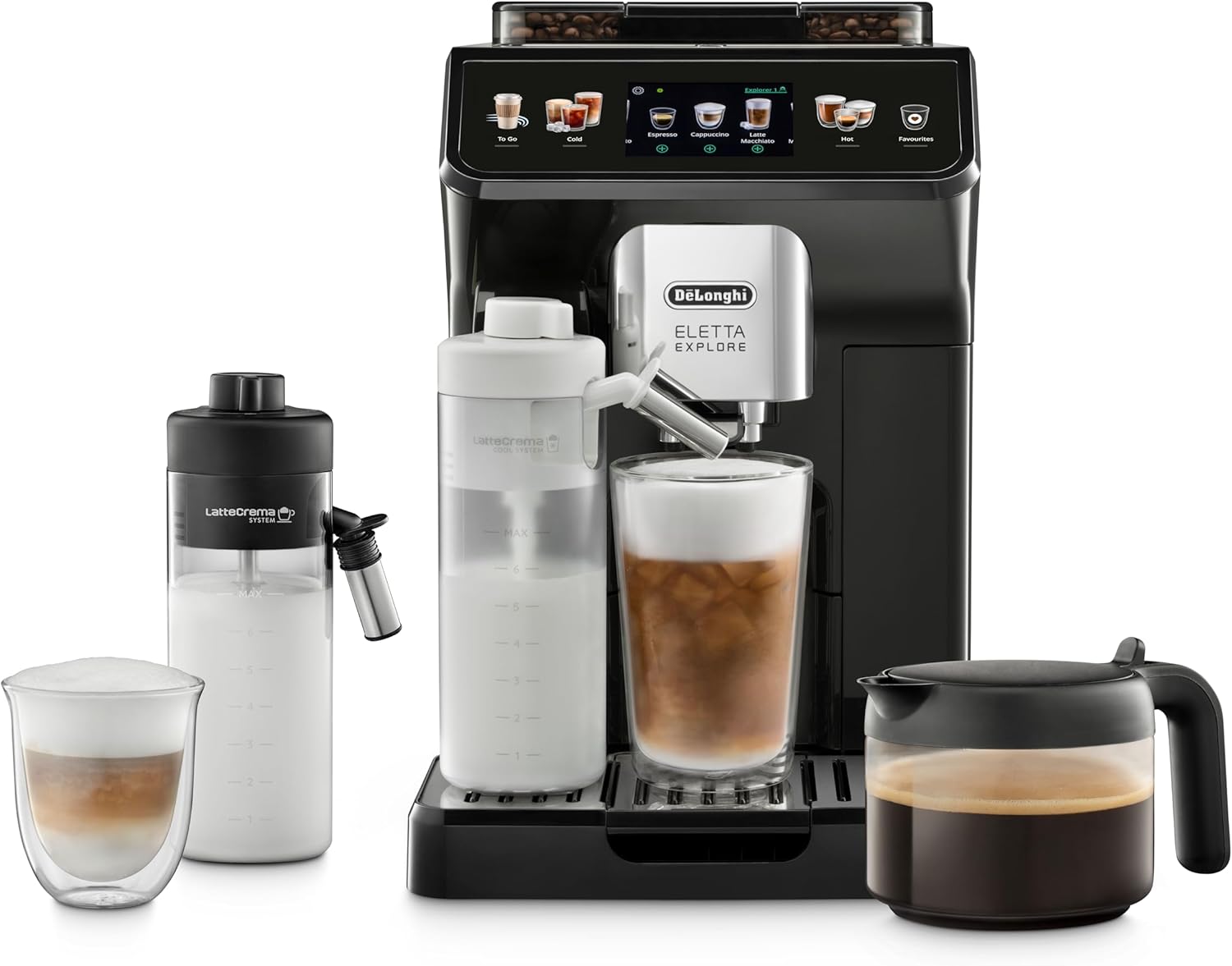 De'Longhi Eletta Explore - Perfetto Kaffeevollautomat mit LatteCrema-Milchaufschäumer, 40 Getränke auf Knopfdruck, farbiges Touch-Display, Dunkelgrau (ECAM452.57.G)
