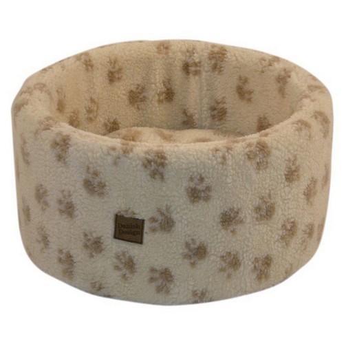 Cama aconchegante para gatos com estampa de pata na cor creme.