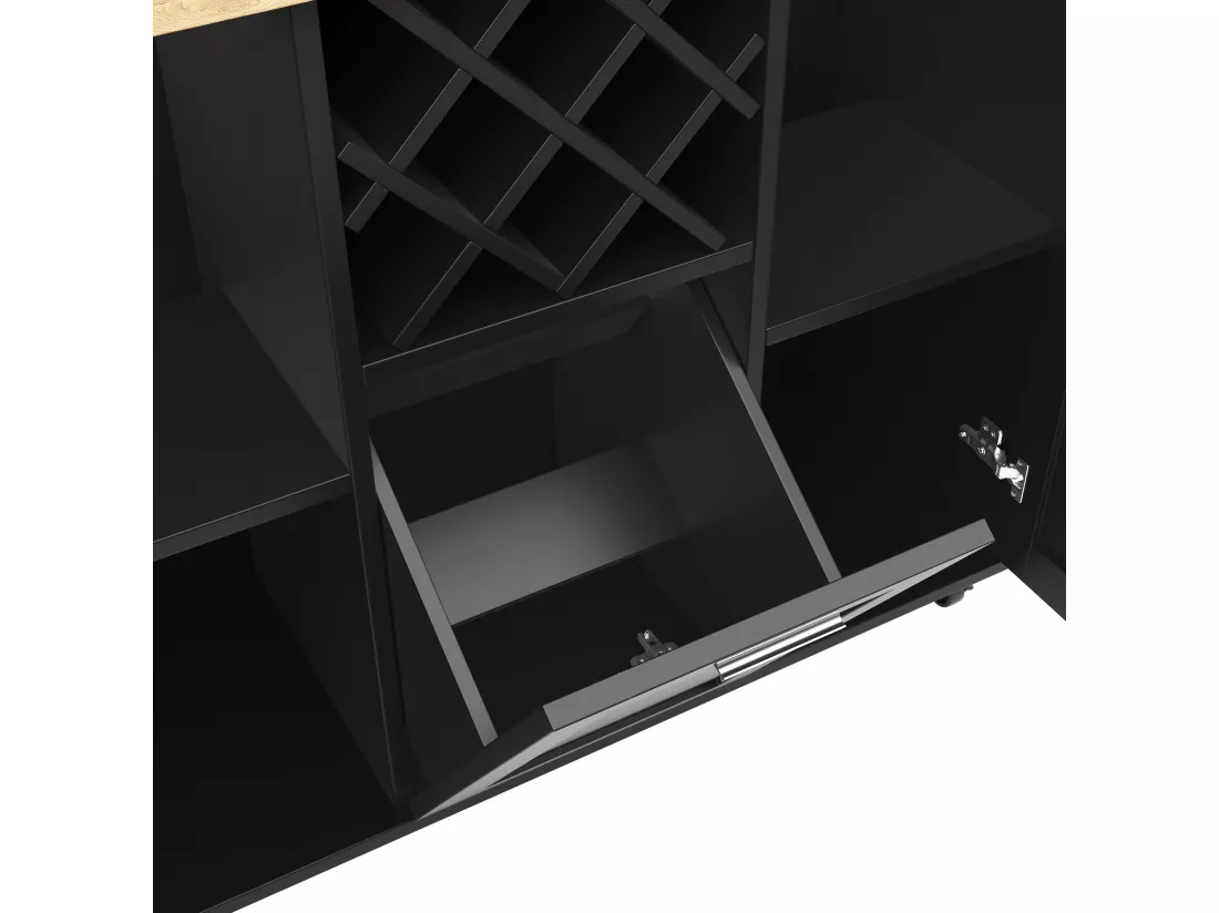 Ilot central de cuisine mobile avec 3 portes et 12 Porte-Bouteilles - Plateau extensible - 183x43(76)x92cm - Bois MDF - Noir et naturel
