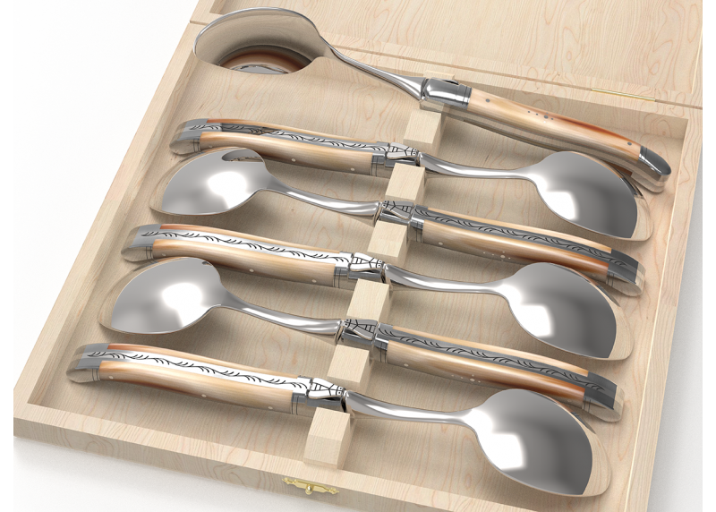Service de 6 petites cuillères Laguiole avec un manche en pointe de corne blonde et mitres en acier inoxydable