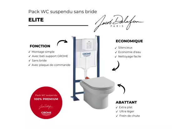 Pack WC suspendu sans bride JACOB DELAFON + Bâti support wc Grohe + plaque commande chromé rond Quickfix