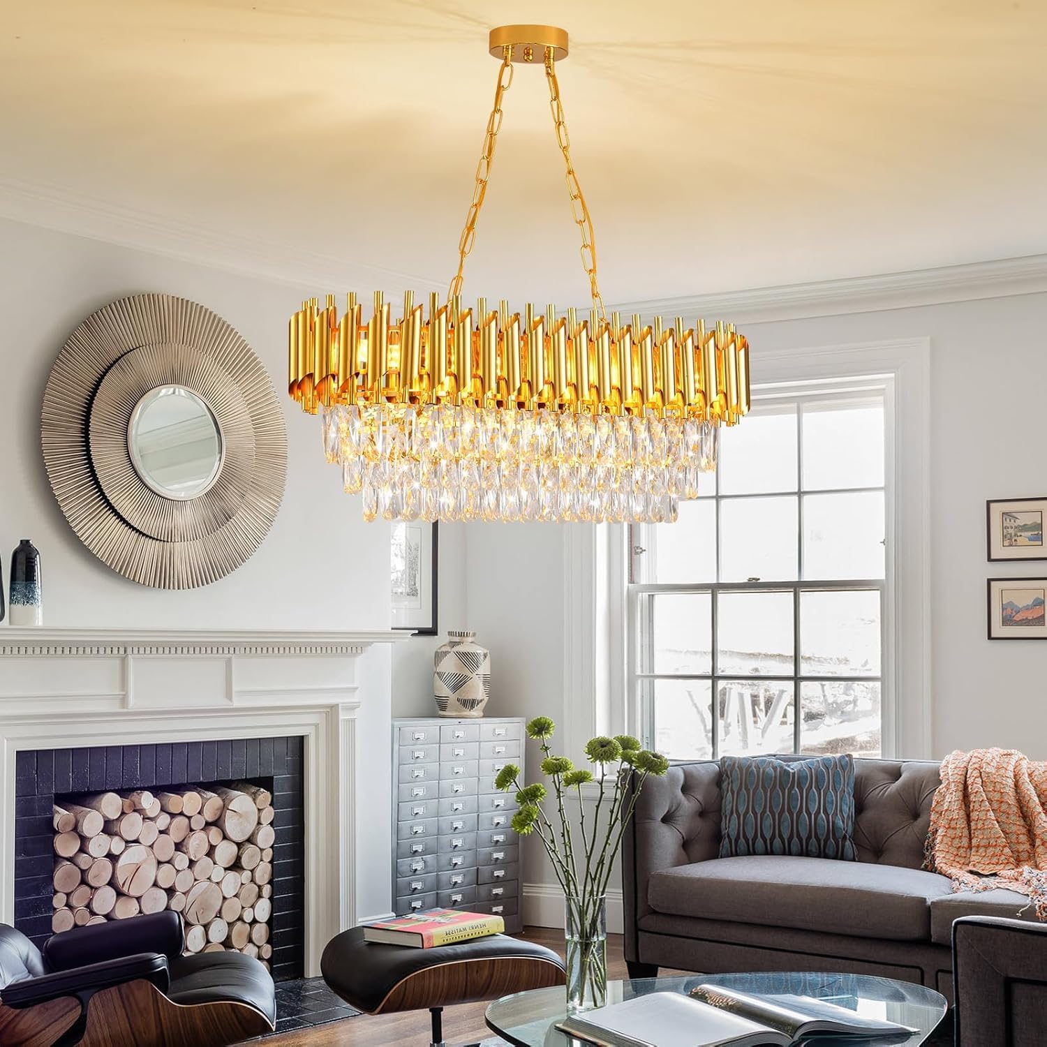 Moderne Kristall-Kronleuchter für Esszimmer 8-Licht Gold Kristall-Kronleuchter Wohnzimmer Oval Zeitgenössische Decke Hängelicht Anhänger Leuchte für Küche Insel Restaurant L80CM