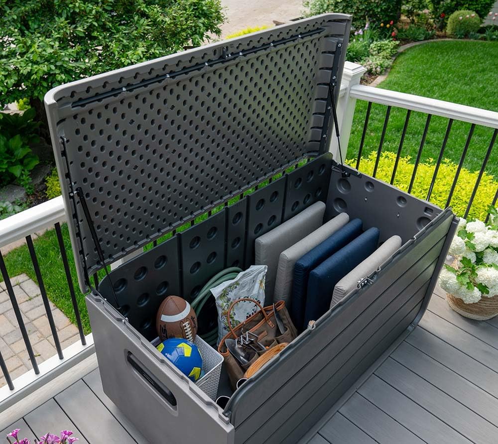 LIFETIME Gartenbox Space XL | 625 L | Grau | Kissenbox & Auflagenbox | mit Gasdruckfeder | Schlossvorrichtung | HDPE Kunststoff | Tragegriffe | wetterfest & UV-beständig