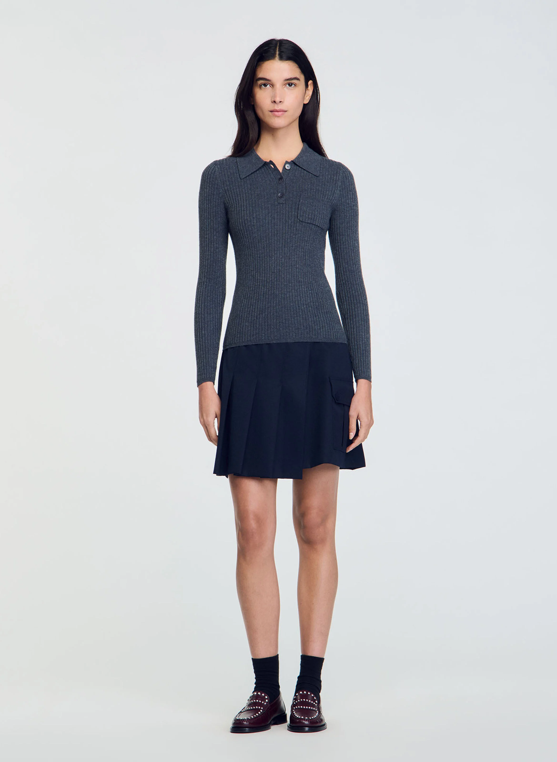 Pull col polo droit en maille | Gris