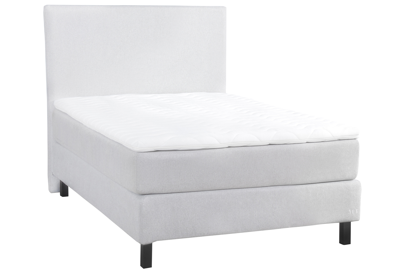 Komfort 3 kontinentalseng 120x200 cm i tekstil Primo lys grå 84 med fast fasthet, Komfort 3 overmadrass og firkantet sorte ben 15 cm
