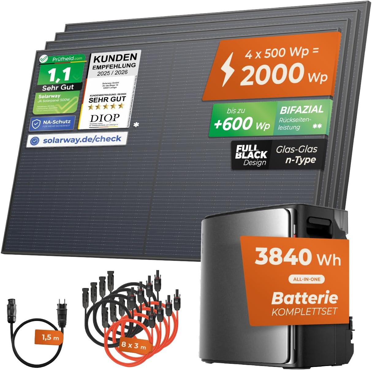 Solarway Balkonkraftwerk 2000Wp / 800W mit 3,8 kWh EcoFlow STREAM Ultra X Speicher – Komplettset mit 500W Solarmodulen, Wechselrichter & Zubehör – steckerfertige Mini-Solaranlage für die Steckdose