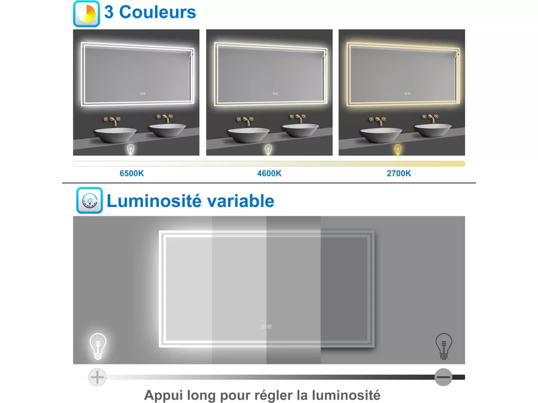 Miroir de salle de bain LED avec Bluetooth 140x80cm, antibuée + 3 couleurs + Dimmable Aica