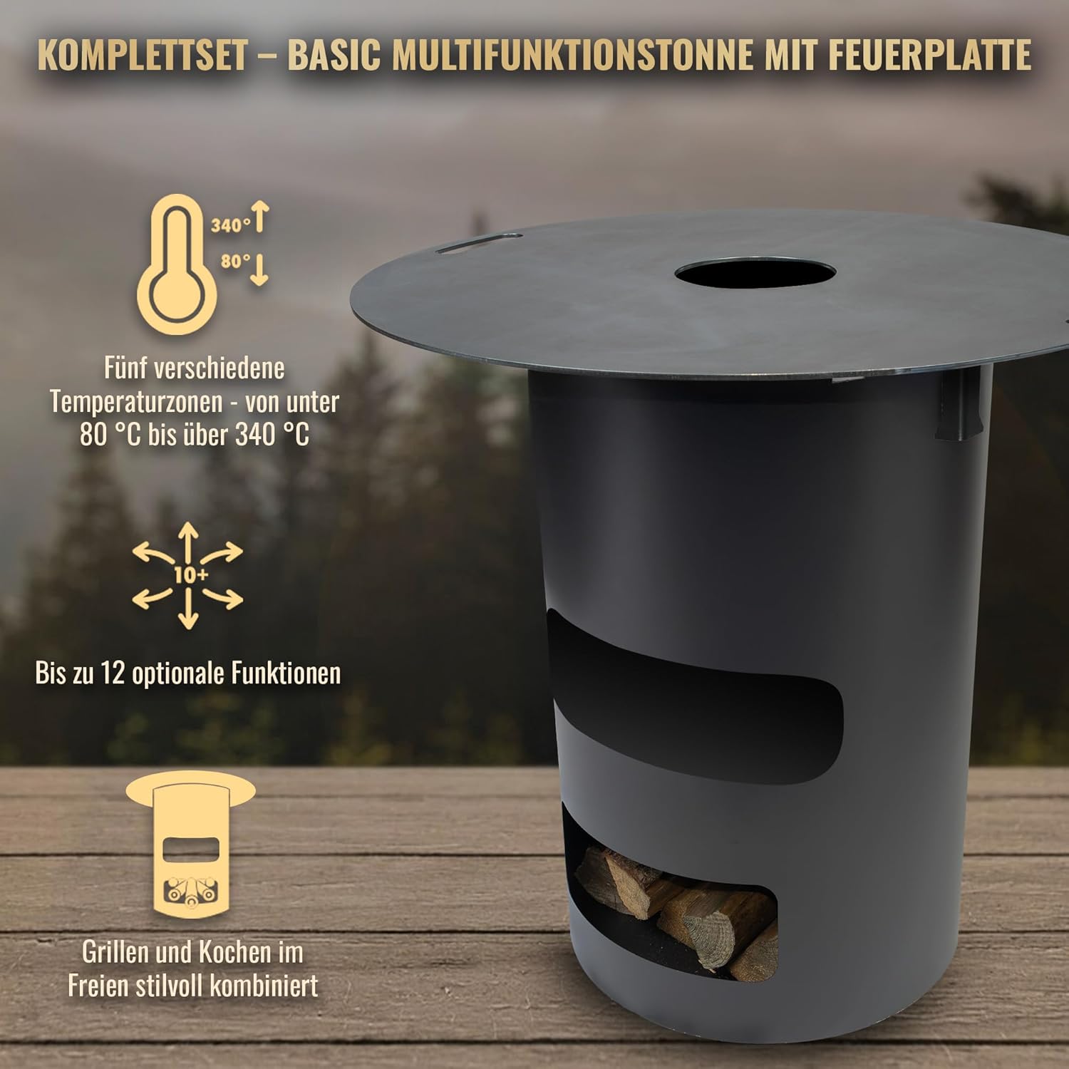 Komplettset – Multifunktionstonne mit Feuerplatte 80cm 5mm #175 – A. Wyeck Tools Feuerplatte mit Feuerkorb & Blende – Vielseitig für Grill, Feuertonne & Dutch Oven – 5mm Stärke, 20cm Innenloch