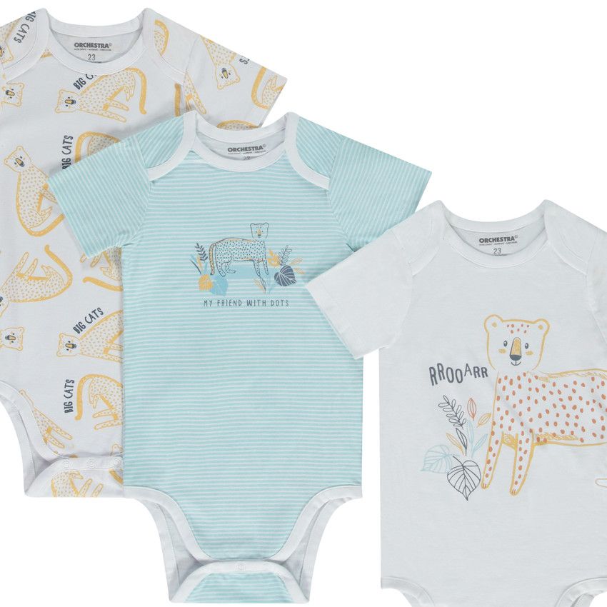 Lot de 7 bodies manches courtes motifs félins pour bébé garçon avec ouvertures différentes selon l'âge - Bleu