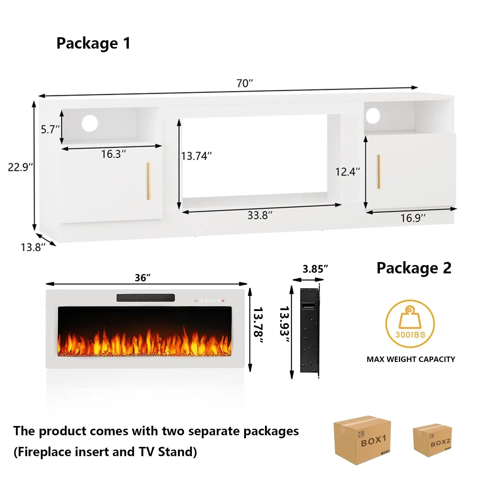 Bossin 70 Fireplace TV Stand with 36 Electric Fireplace, TV Stand for TVs Up to 80, 16 Colors LED Lights/Entertainment Center