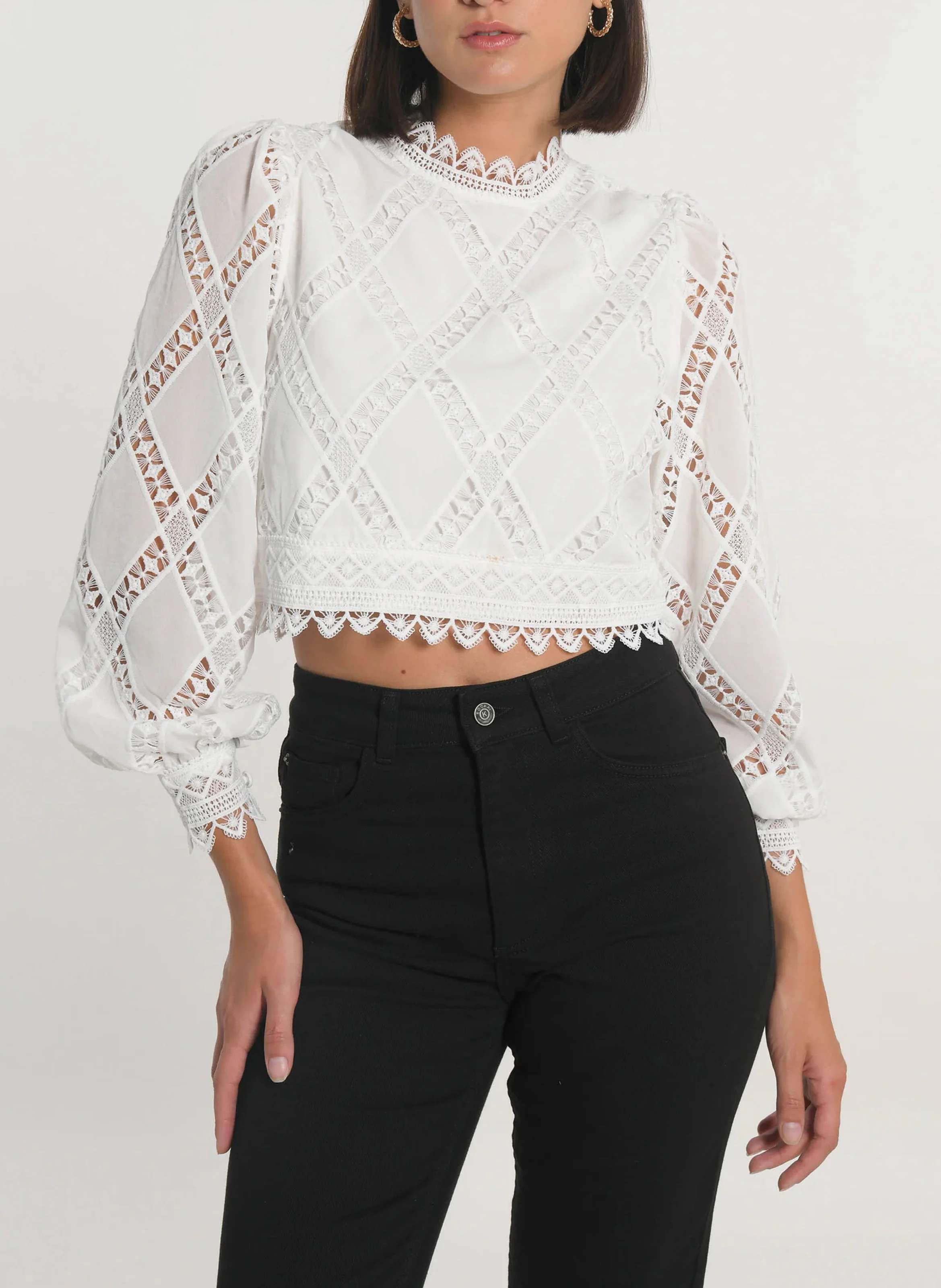 KELLY - Blouse courte en dentelle| Blanc