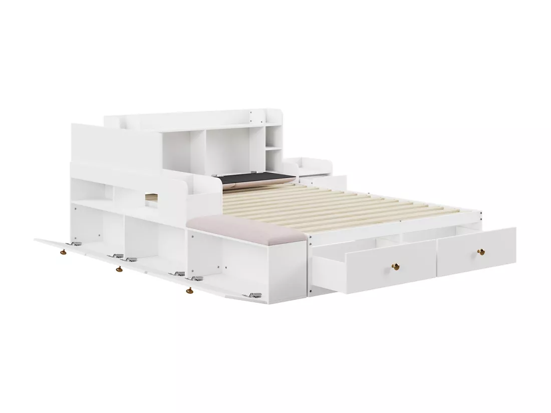 Lit Combiné en Bois Massif - 140x200cm - Tête de lit avec rangement - avec Tiroirs, Table de nuit, Banquette de canapé