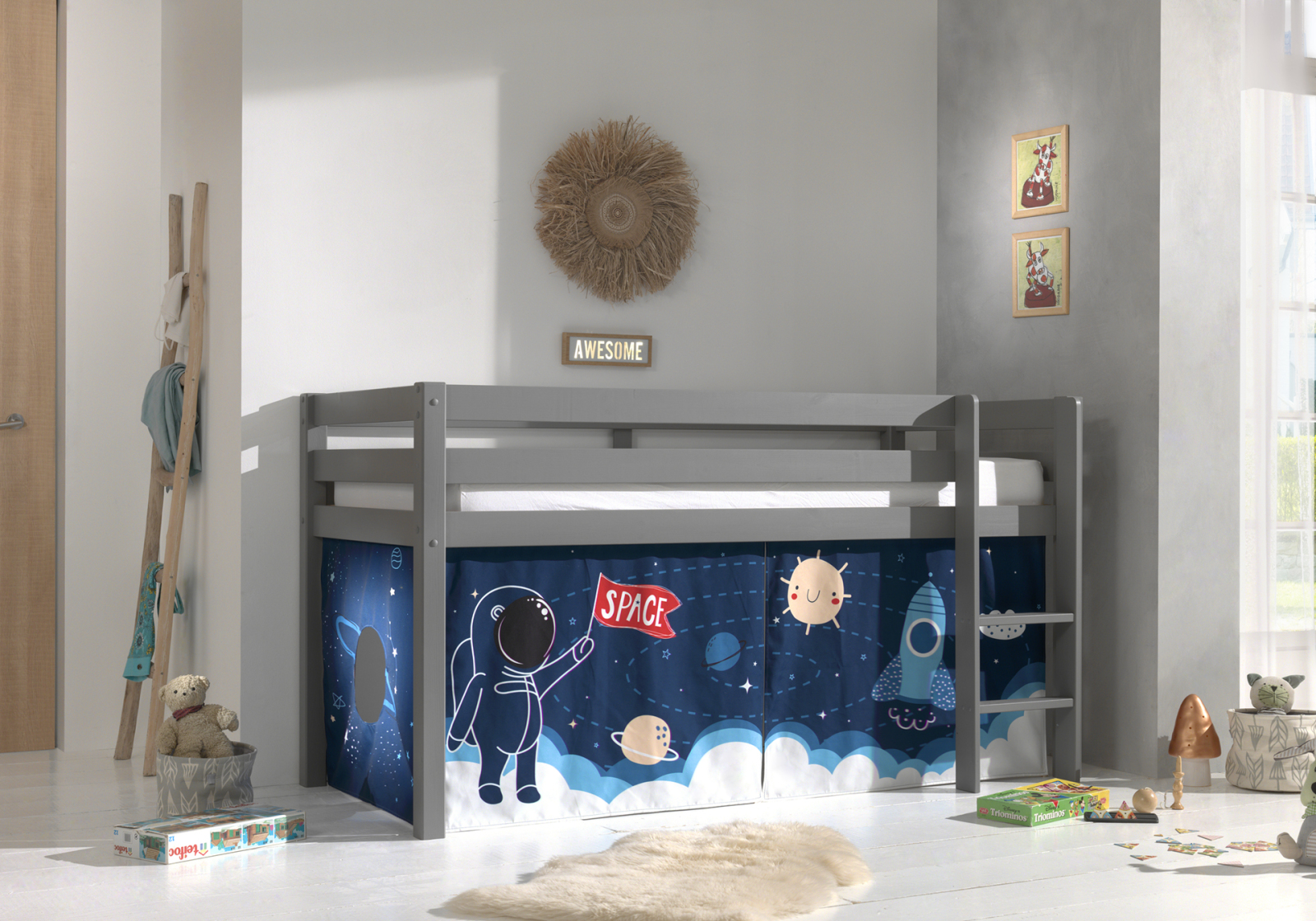 Halbhochbett PINO - SPACE SHUTTLE - Kiefer grau Massivholz - 90x200 cm