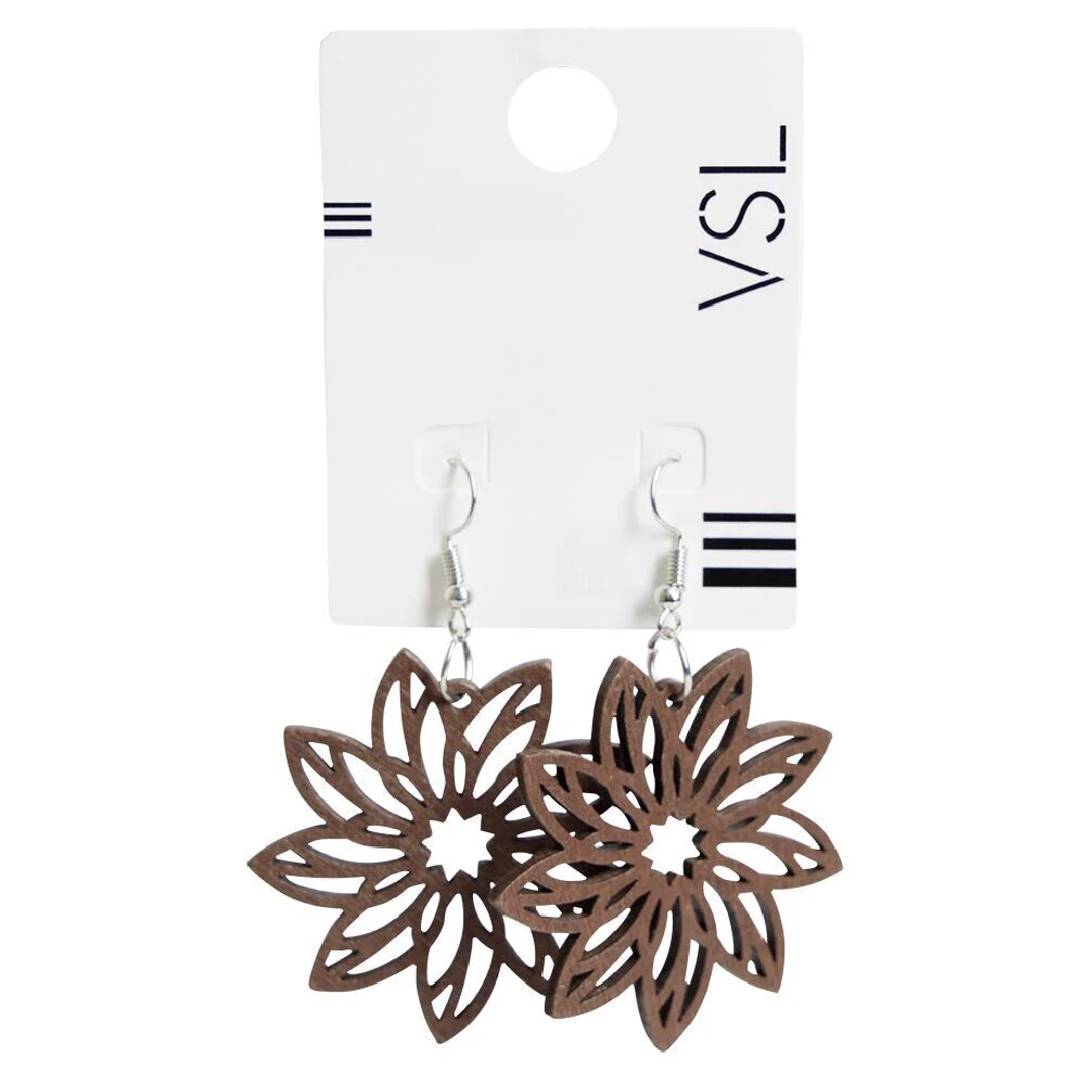 Paire de boucles d'oreilles pendantes en bois forme fleur filigrane marron