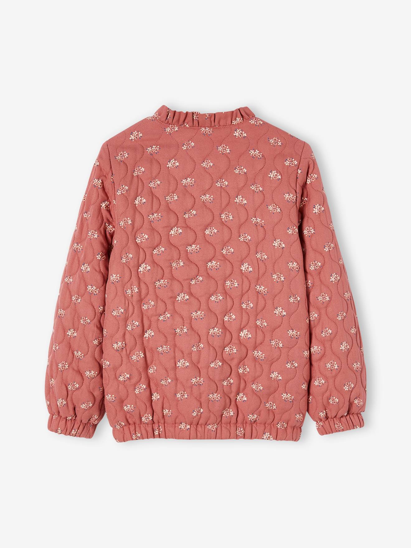 Jaqueta acolchoada com estampa floral para meninas, cor terracota.
