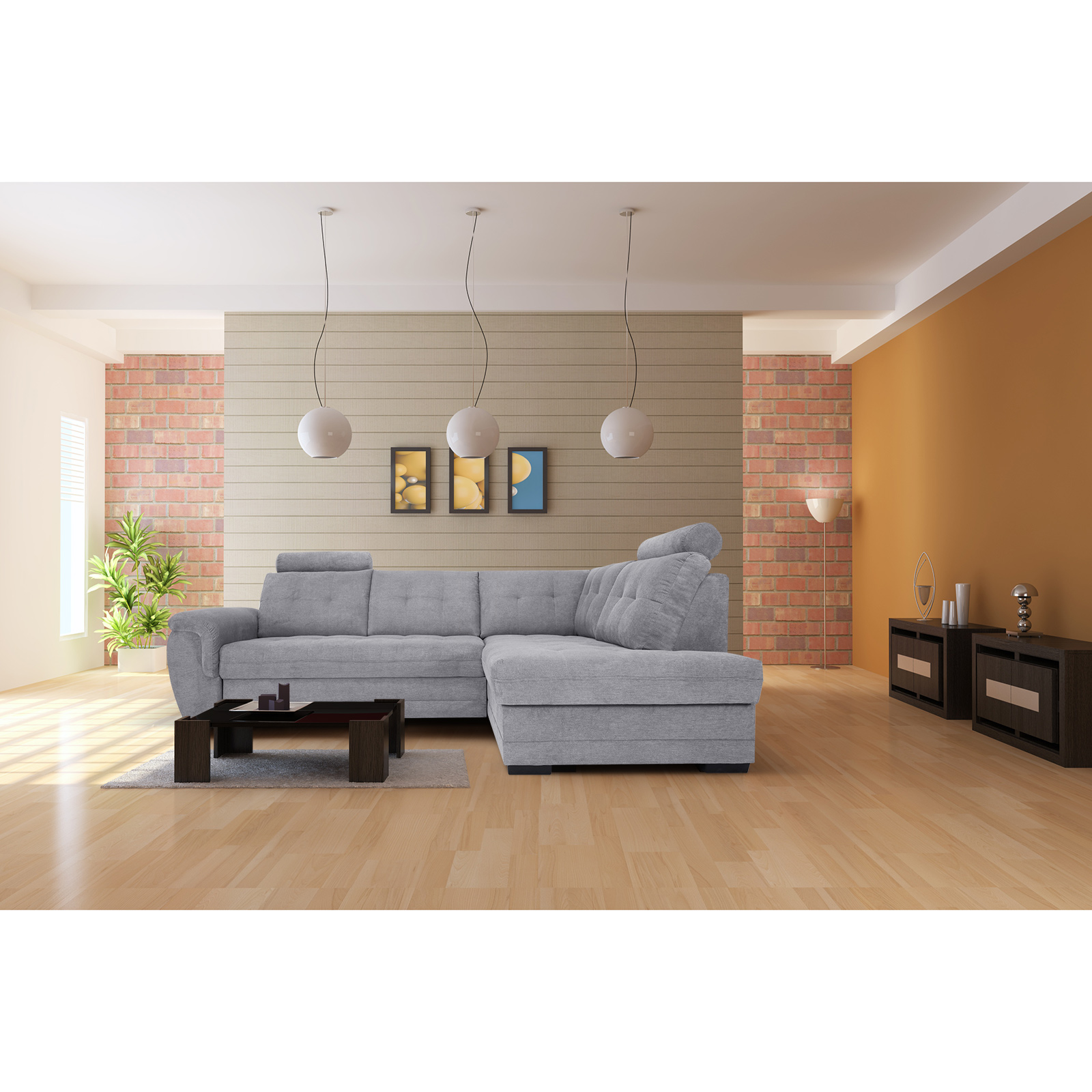 Ecksofa - grey - Velours - Liegefunktion - Staukasten rechts