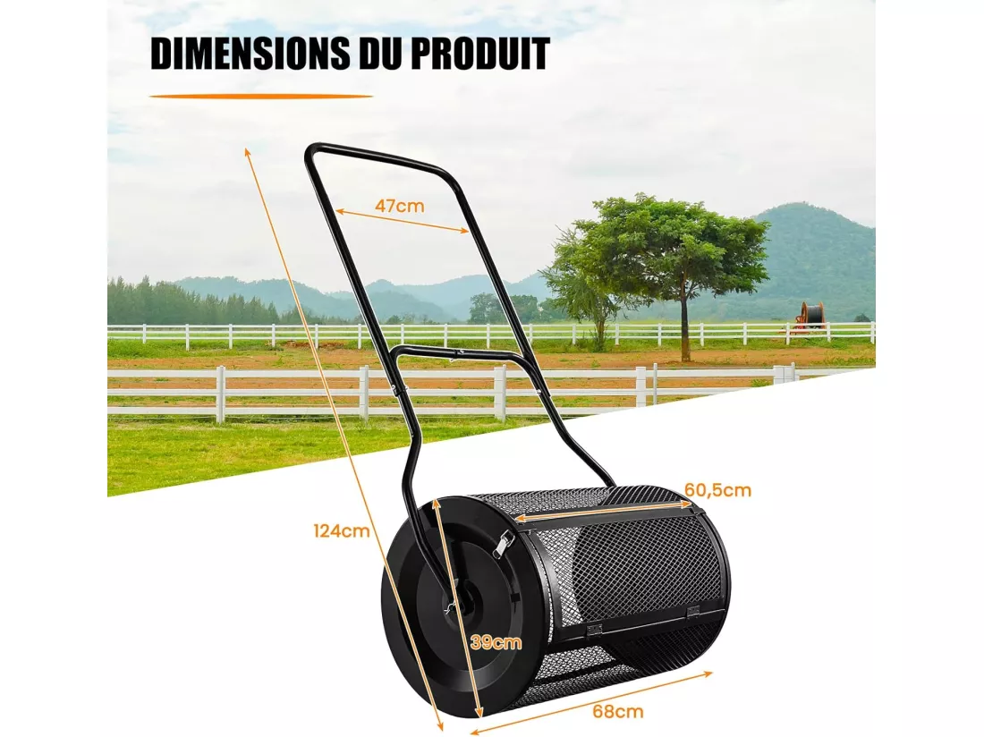 Épandeur à Compost de 60,5 cm Rouleau en Treillis Métallique, Épandeur de Gazon avec Poignée en Forme de ‘U’ Loquets Latéraux, pour Entretien du Jardin et Pelouse(Noir)