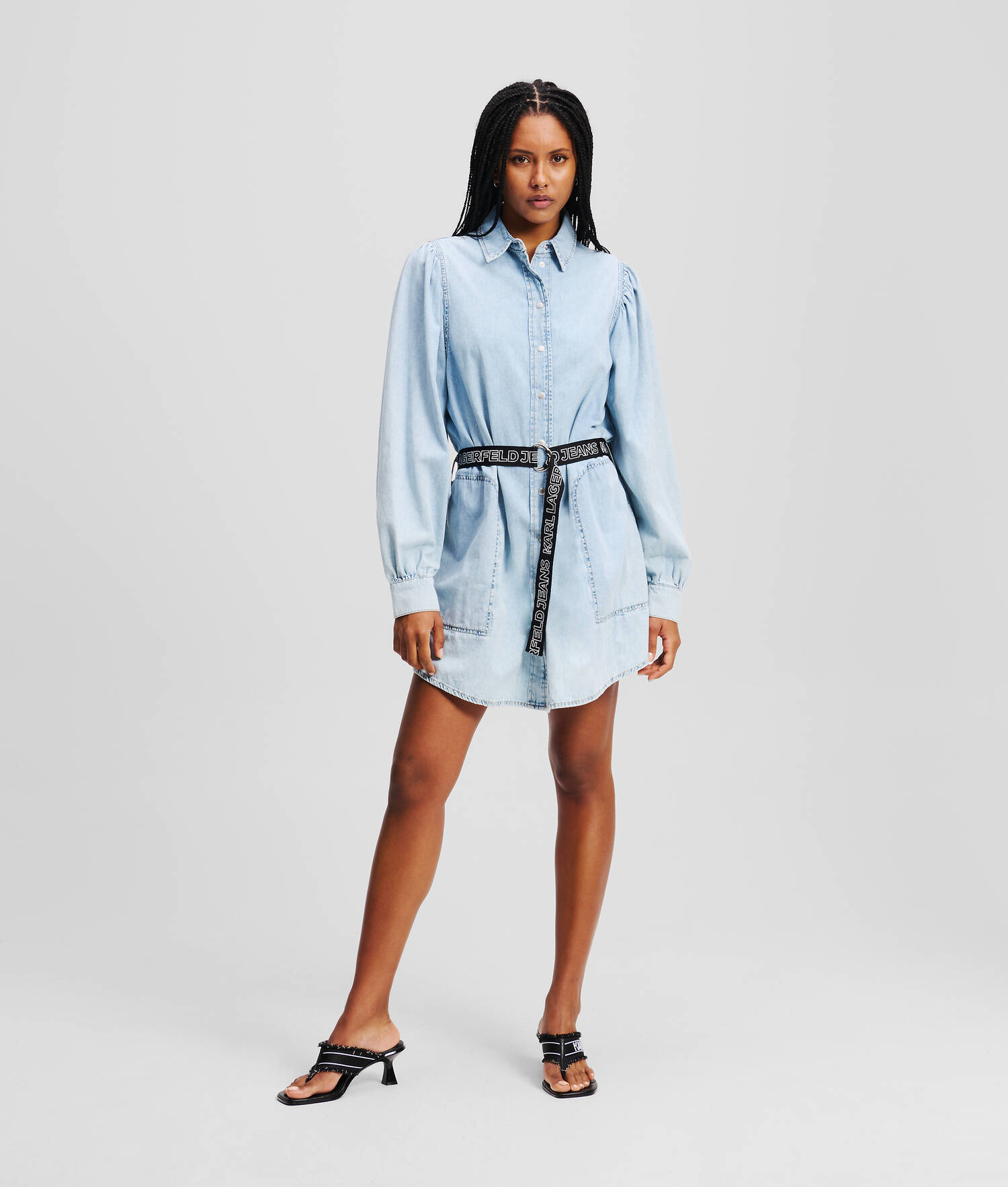 ROBE CHEMISE EN DENIM À MANCHES BOUFFANTES - Bleu Clair