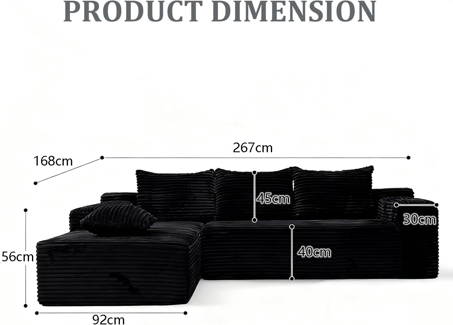 267cm Ecksofa mit Schlaffunktion, L-Form Schlafsofa 3-Sitzer mit Ottomane Links oder Rechts, Relaxsofa für Wohnzimmer, freistehend, Keine Montage