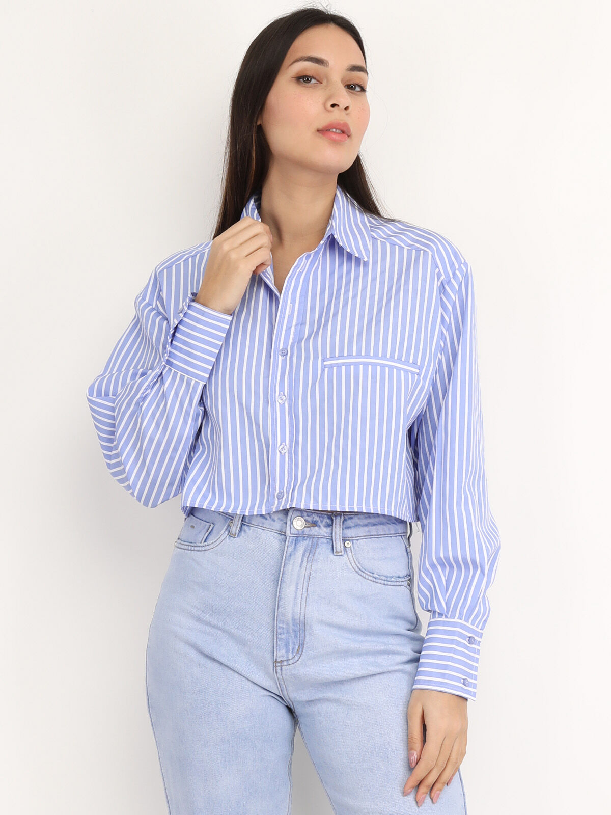 Chemise cropped à rayures- Bleu