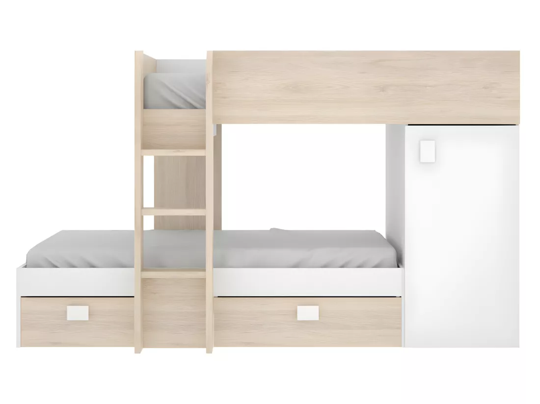 Lits superposés d'angle réversibles RICARDO - 2 x 90 x 190 cm - Rangements intégrés - Chêne et blanc