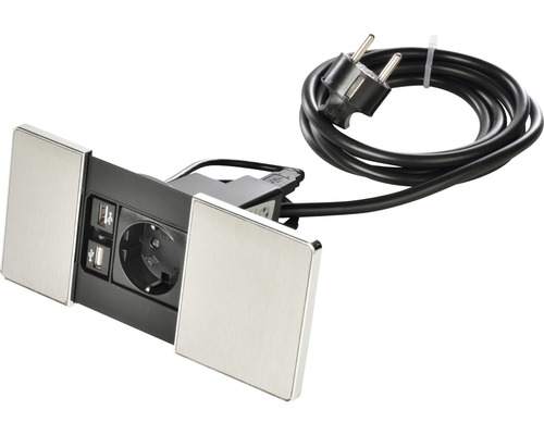 VersaPAD desktop stekkerdoos, 1 stopcontact + 2 USB-oplaadpoorten met schuifdeksels, geborsteld aluminium, 190 x 90 mm (L x B), inclusief 2 m aansluitkabel