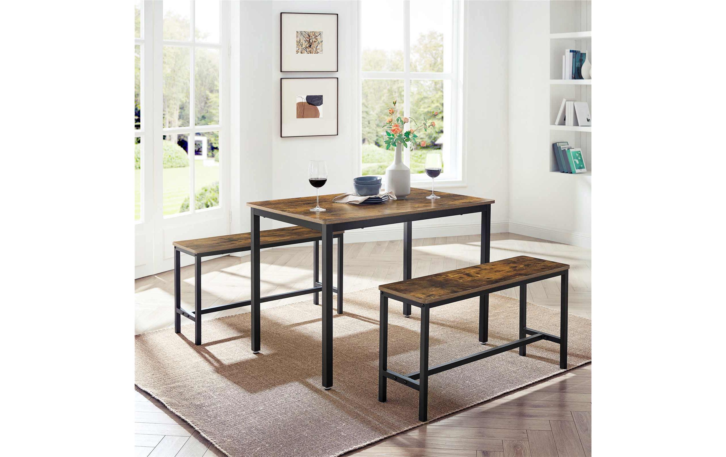 Tisch mit zwei Bänken, Vintagebraun-Schwarz<br>Set im Industrielook