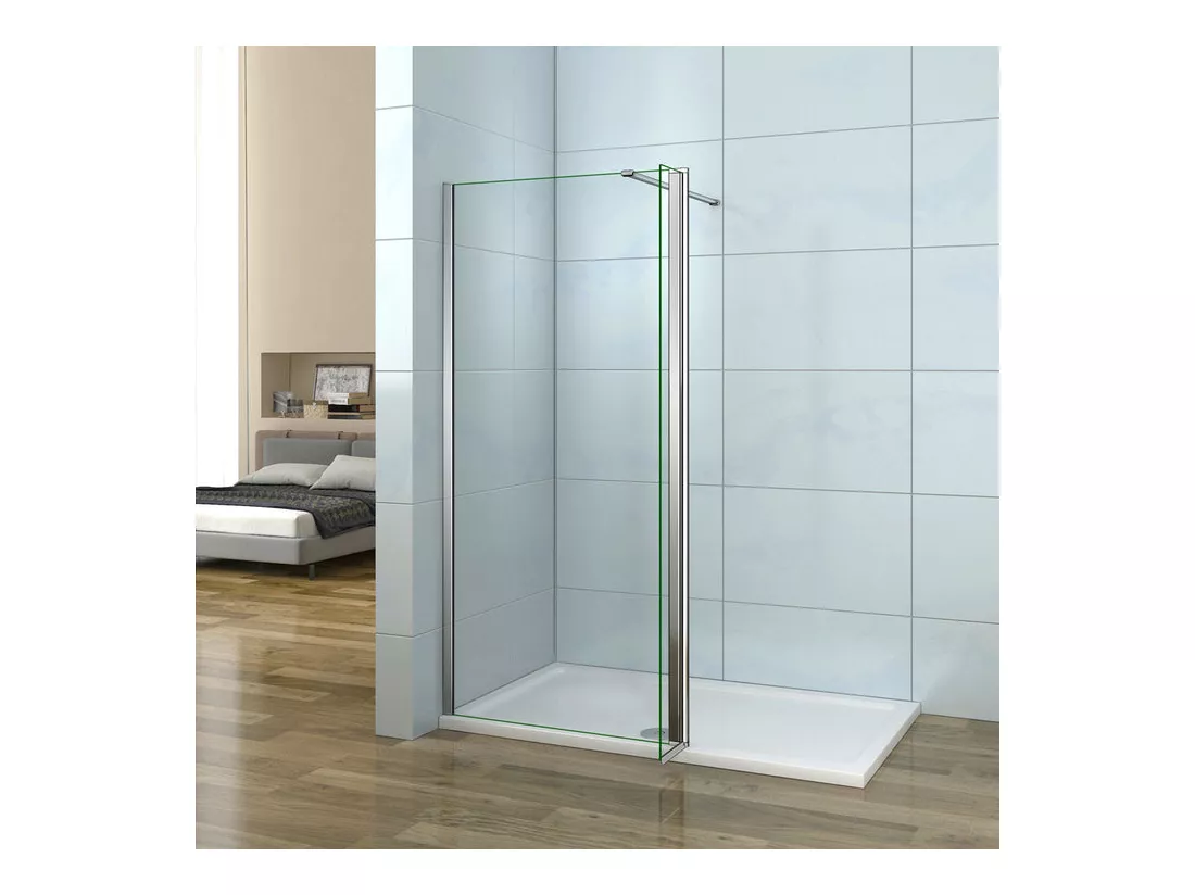 Paroi de douche à l'italienne 120+30x200cm avec retour pivotant - Verre 8mm trempé - Avec barre de fixation 90cm recoupable
