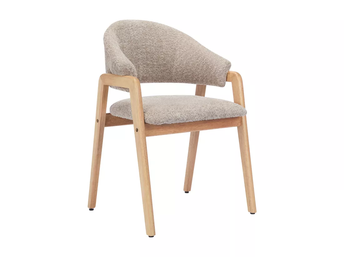 Lot de 6 chaises avec accoudoirs en tissu bouclette et bois d'hévéa - Taupe et naturel - SOLUNA