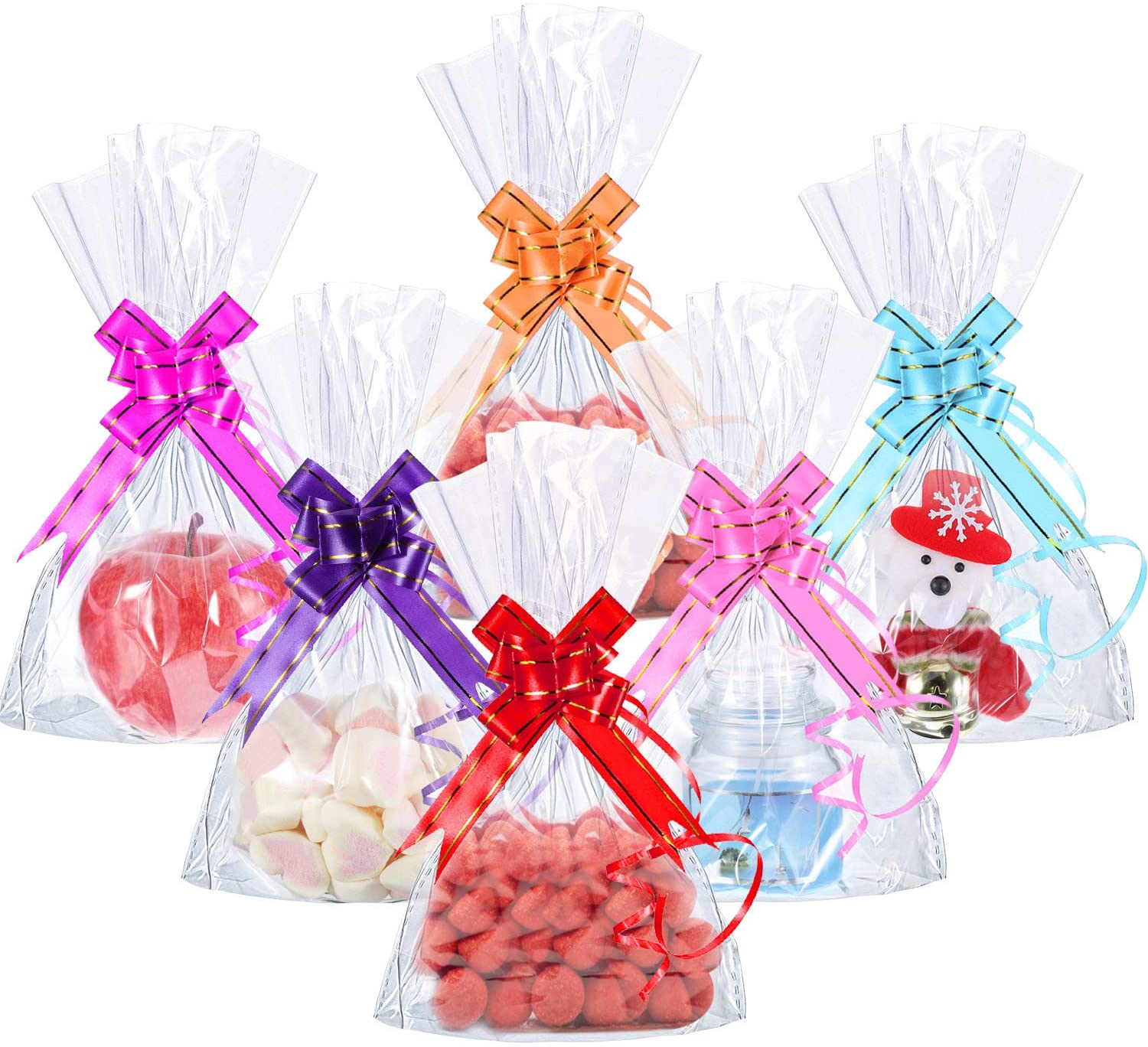 (100er Set) 16x24cm Geschenk Tüten Candy Gift Cellophan Beutel inkl. Zug Schleifen