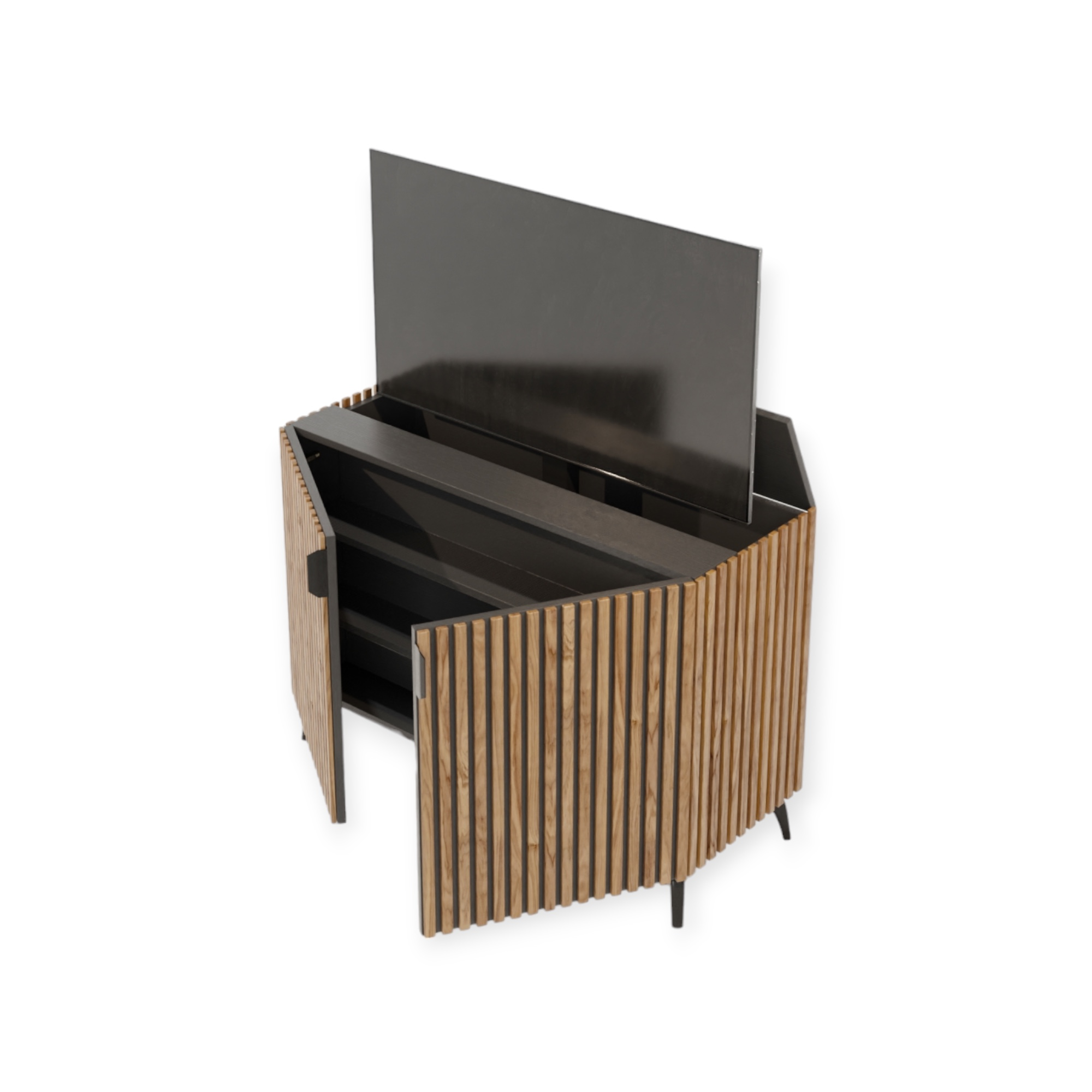 TV lift meubel Modern Latjes 43 inch 2 deurs rondom afgewerkt met latjes