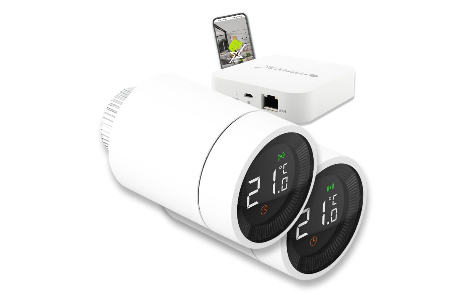 Smart Home Welcome Package smarter Heizkörper-Thermostat<br>Starter-Set bestehend aus: 2x Radiator-Thermostat für smartes und automatisiertes Heizen mit Energiesparfunktionen + 1x Steuereinheit (Mater Gateway TWO)