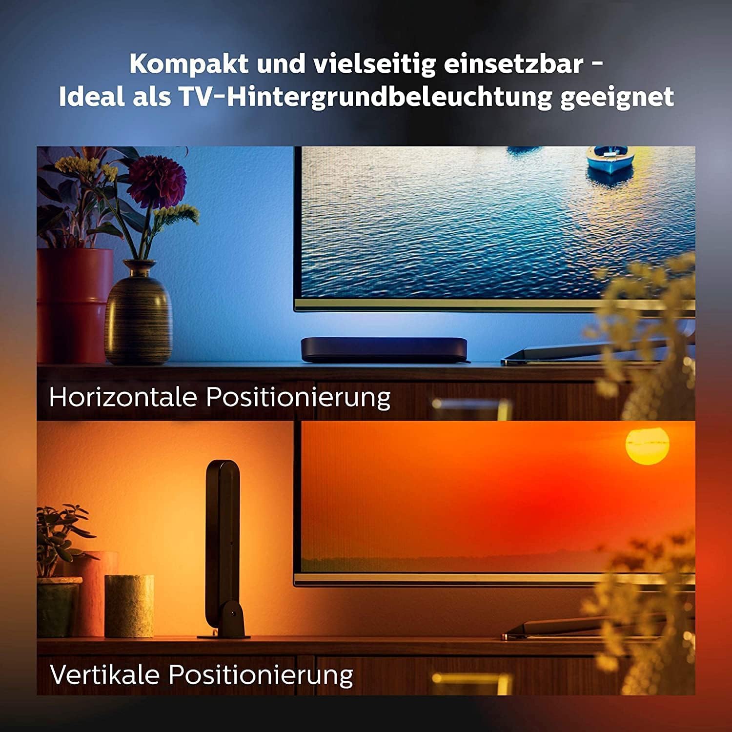 Philips Hue White & Color Ambiance Play Lightbar 2er Pack (500 lm) und Hue Bridge, dimmbare LED-Lightbar für das Hue Lichtsystem mit 16 Mio. Farben, smarte Lichtsteuerung über Sprache oder App,schwarz