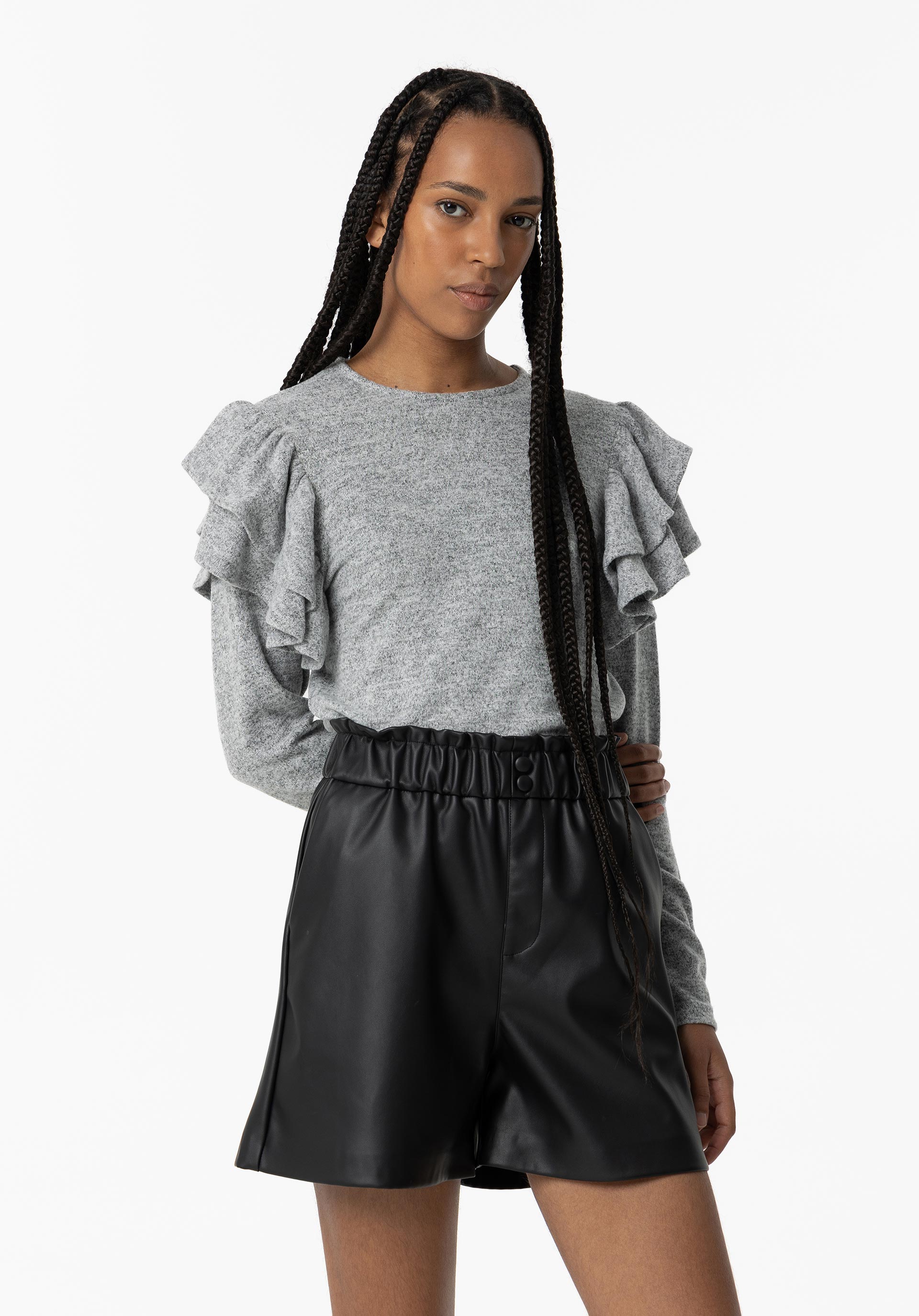 T-shirt Toque Suave com Folhos
