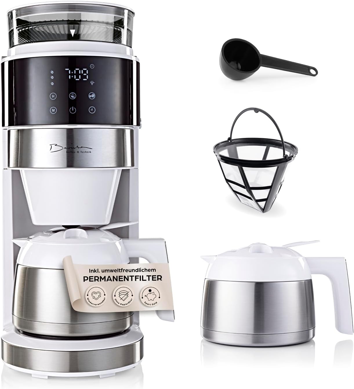 Barista Kaffeemaschine mit digitalem Touch-Display 800W weiß mit Mahlwerk + Isolierkanne