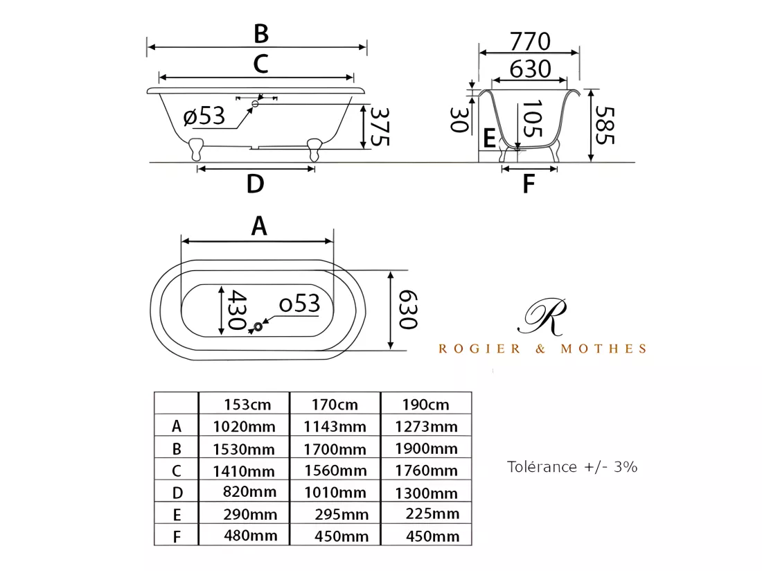 Baignoire sur pieds en fonte PLYMOUTH Blanche 170 cm Pieds blancs