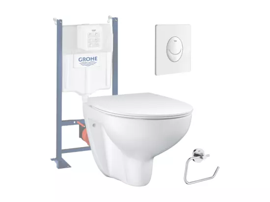 Pack WC sans bride Bau Ceramic Slim + abattant + Bati support autoportant + Plaque commande ovale blanc+ Dérouleur papier