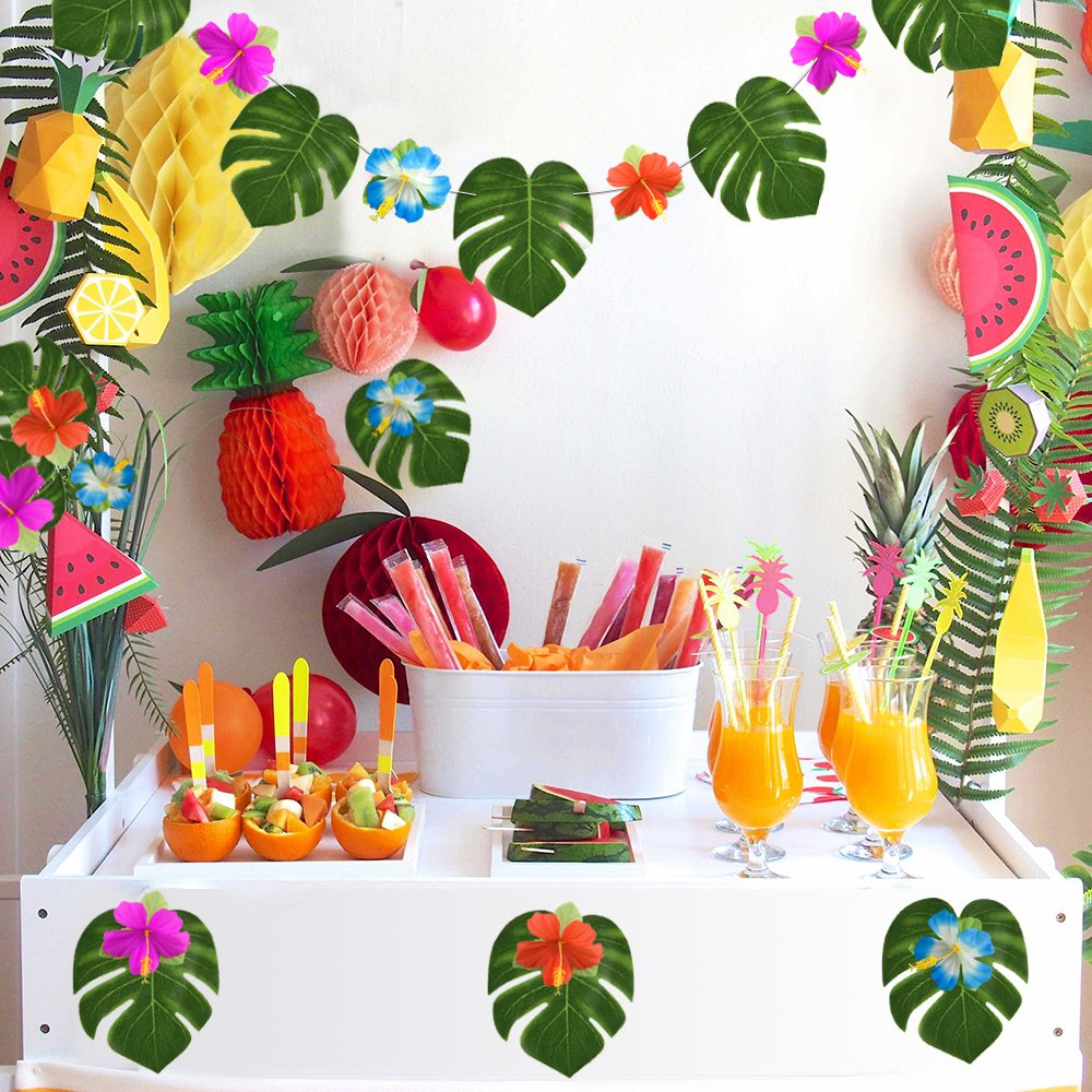 (60-tlg. Set) Deko Kunstblätter Sommer Party Palmenblätter / Hibiskusblüten