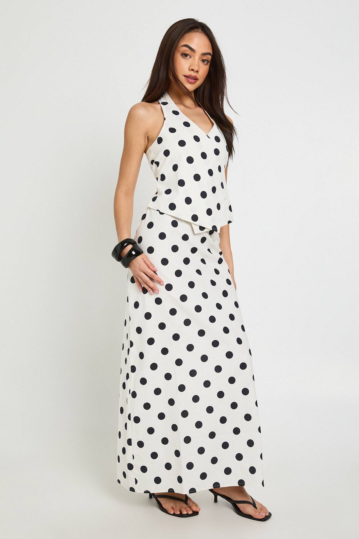 boohoo Jupe Longue Taille Basse À Pois Effet Lin