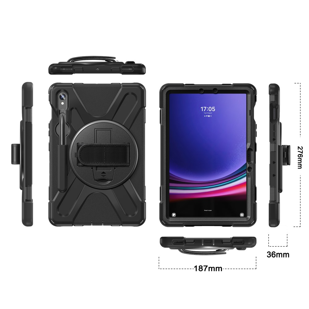 Samsung Galaxy Tab S10 Lite / S10 FE / Tab S9 FE / S9 Hybrid Outdoor Silikon Case Hülle mit Aufsteller und Handschlaufe - Schwarz