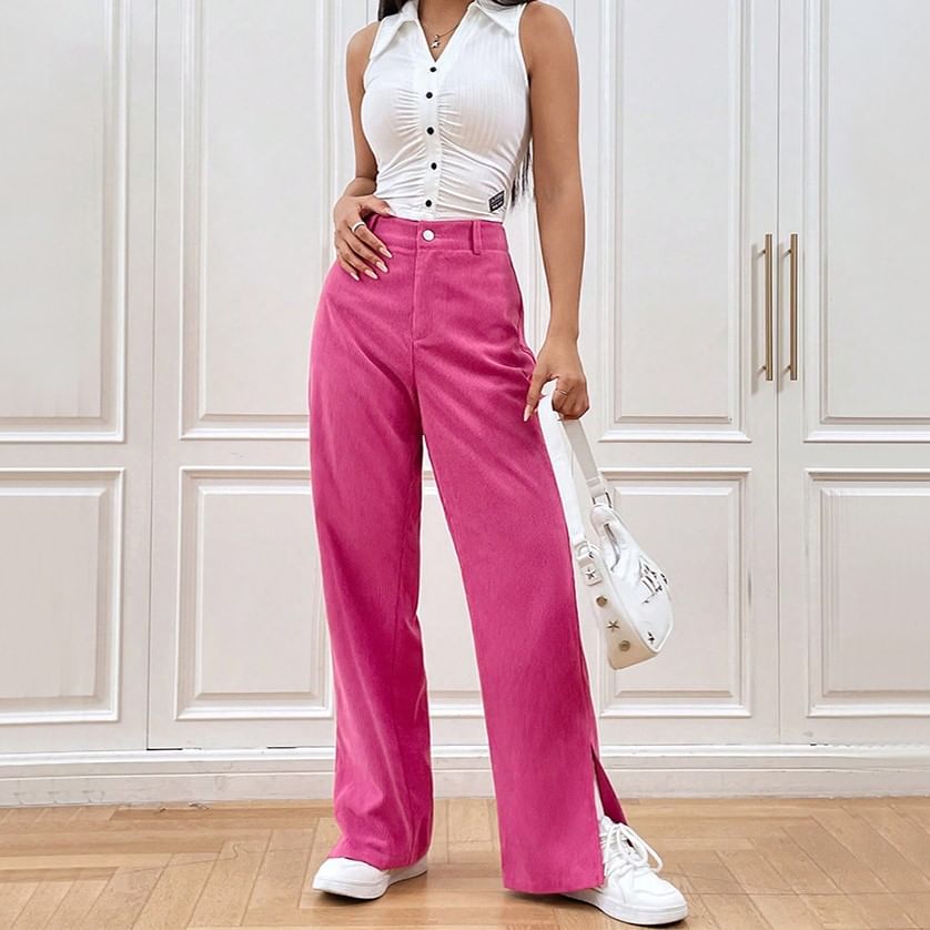 Asiris - Hoge taille effen corduroy losse broek met split