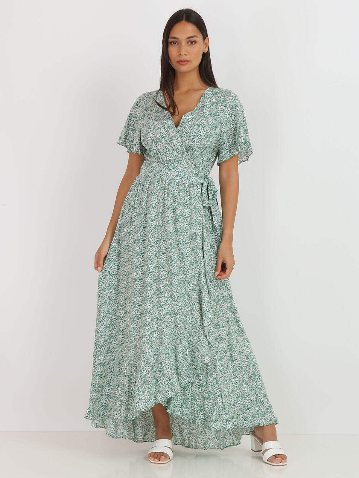 Robe longue portefeuille à fleurs- Vert