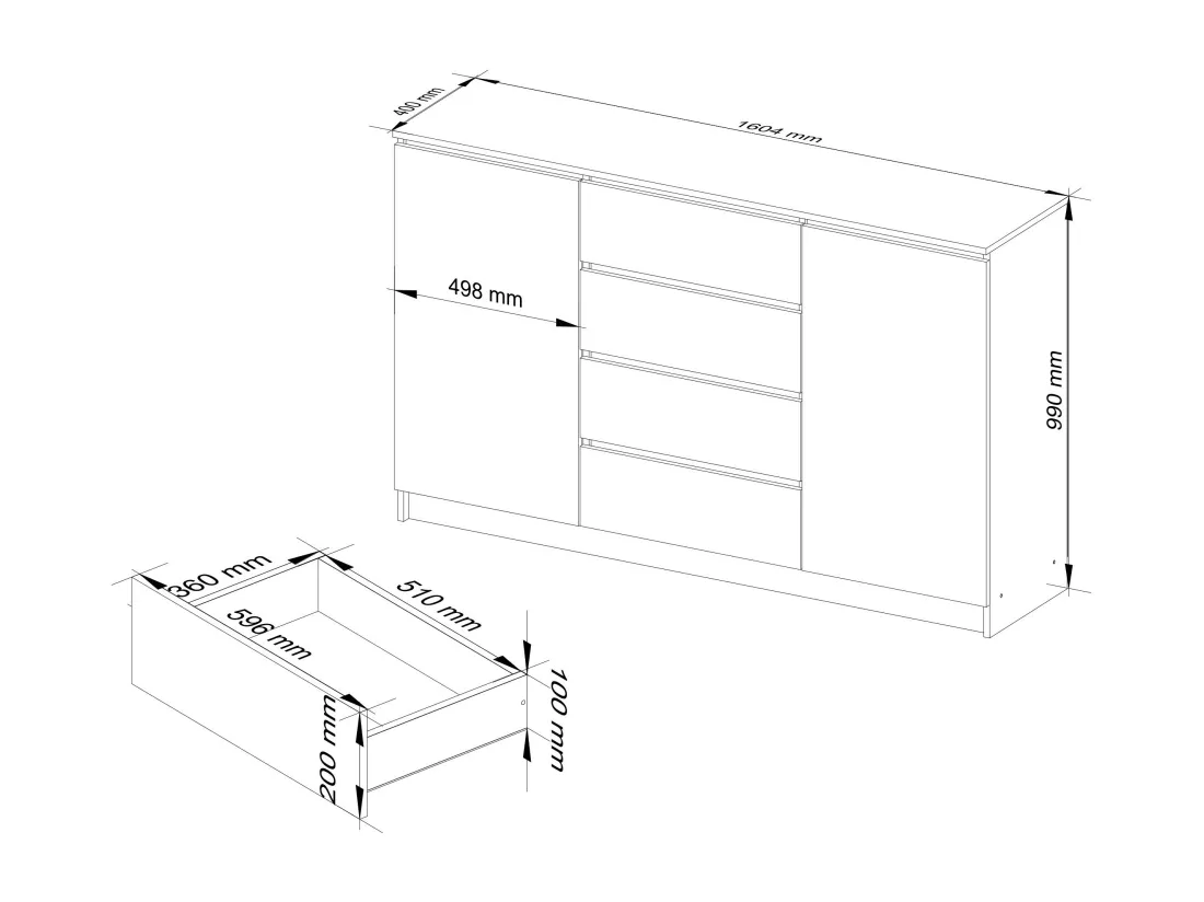 Grande Commode pour le salon AKORD K160 Blanche 160 cm 2 portes 4 tiroirs façade Chêne Sonoma 4 étagères 160x40x99 cm